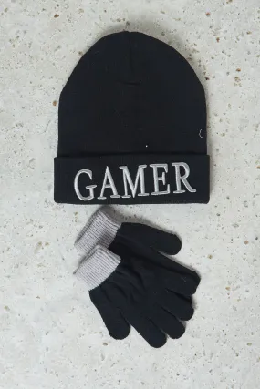 Boys Black  Printed Knitted Cap With Gloves Set Of (2 Piece)