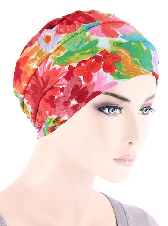 CKC-151#Chemo Cloche Cap in Red Cream Bold Floral