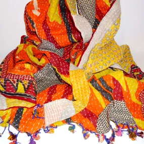 Cotton Kantha Scarf - Orange & Yellow