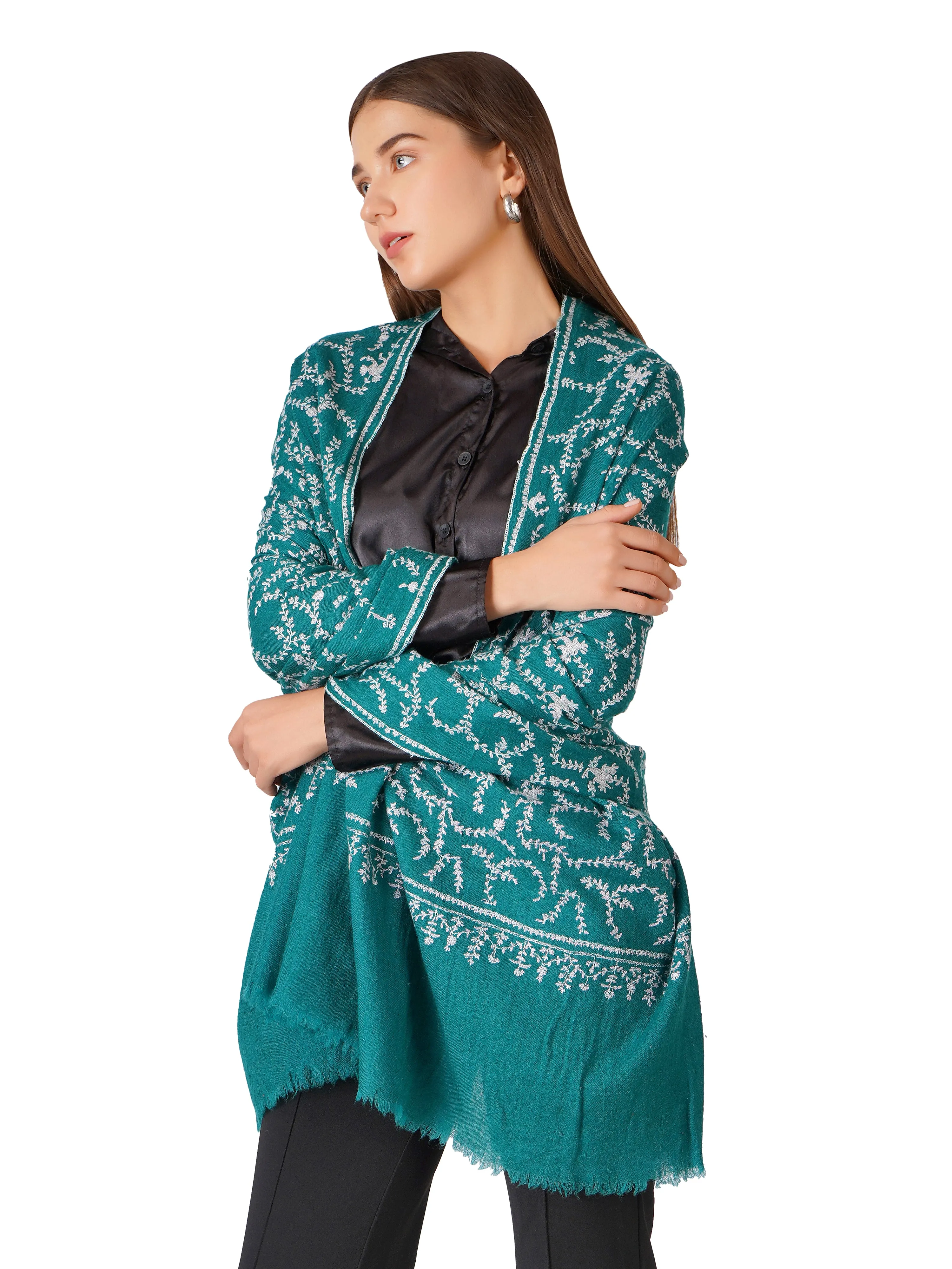 Cozy Pashmina Shawl with Intricate Embroidery - Green