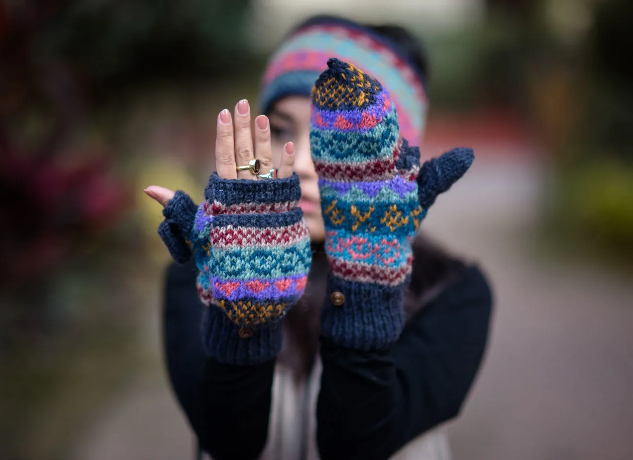 Dark Blue Pure Wool Convertible Mittens