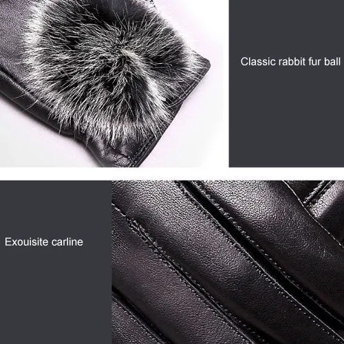 Fashionable Rabbit Fur Ball Sheepskin Leather Gloves for Women (XL)(Black)