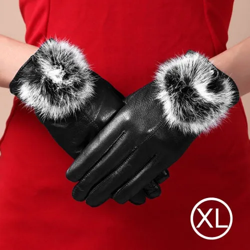 Fashionable Rabbit Fur Ball Sheepskin Leather Gloves for Women (XL)(Black)