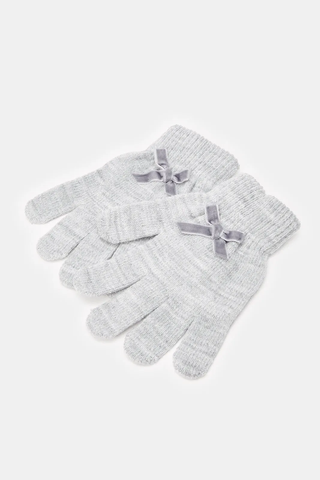 Girls White And Grey Hearts Print Cap And Gloves (Pack of 2)