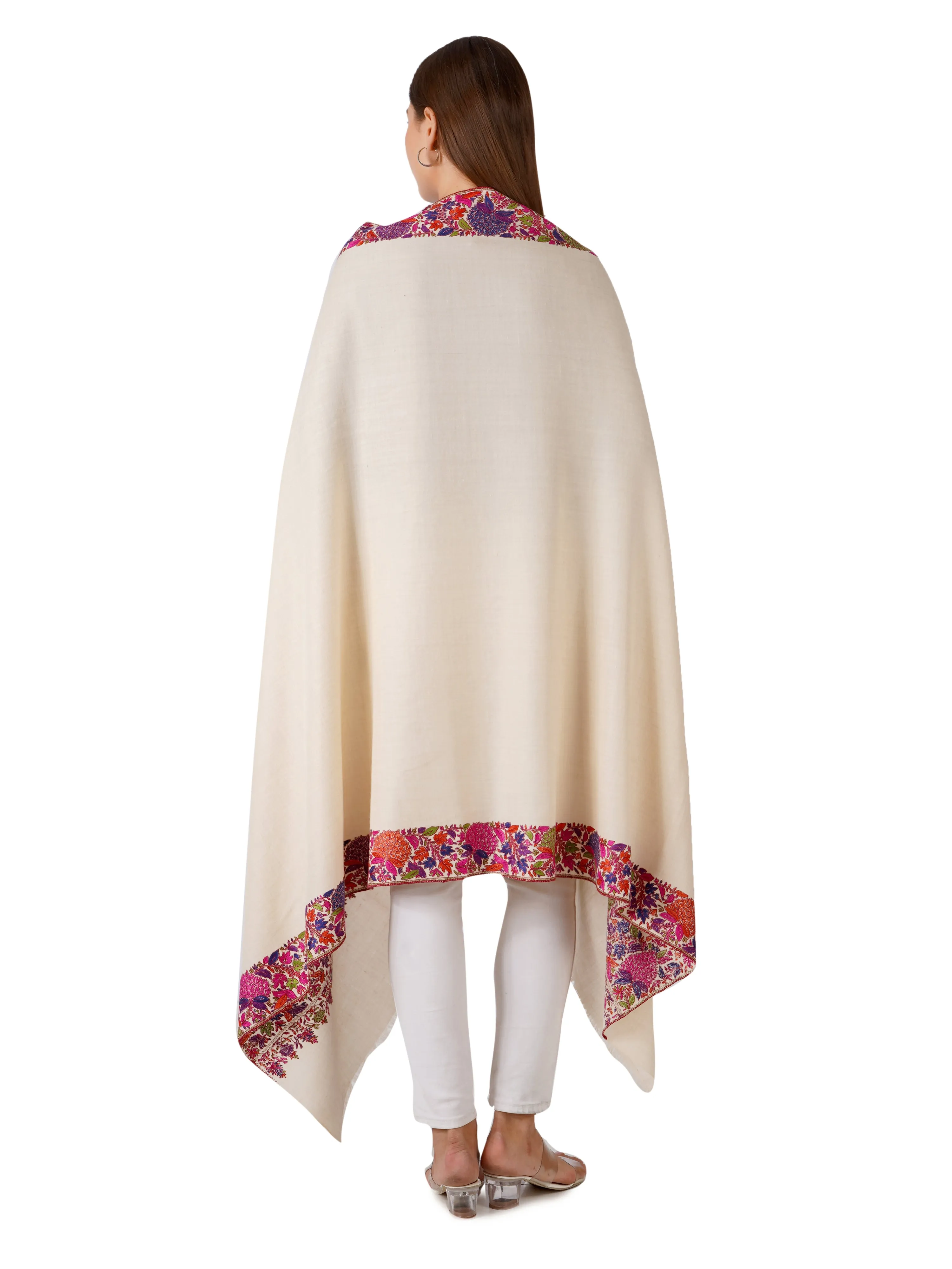 Handwoven White Pashmina Shawl with Elegant Border Embroidery