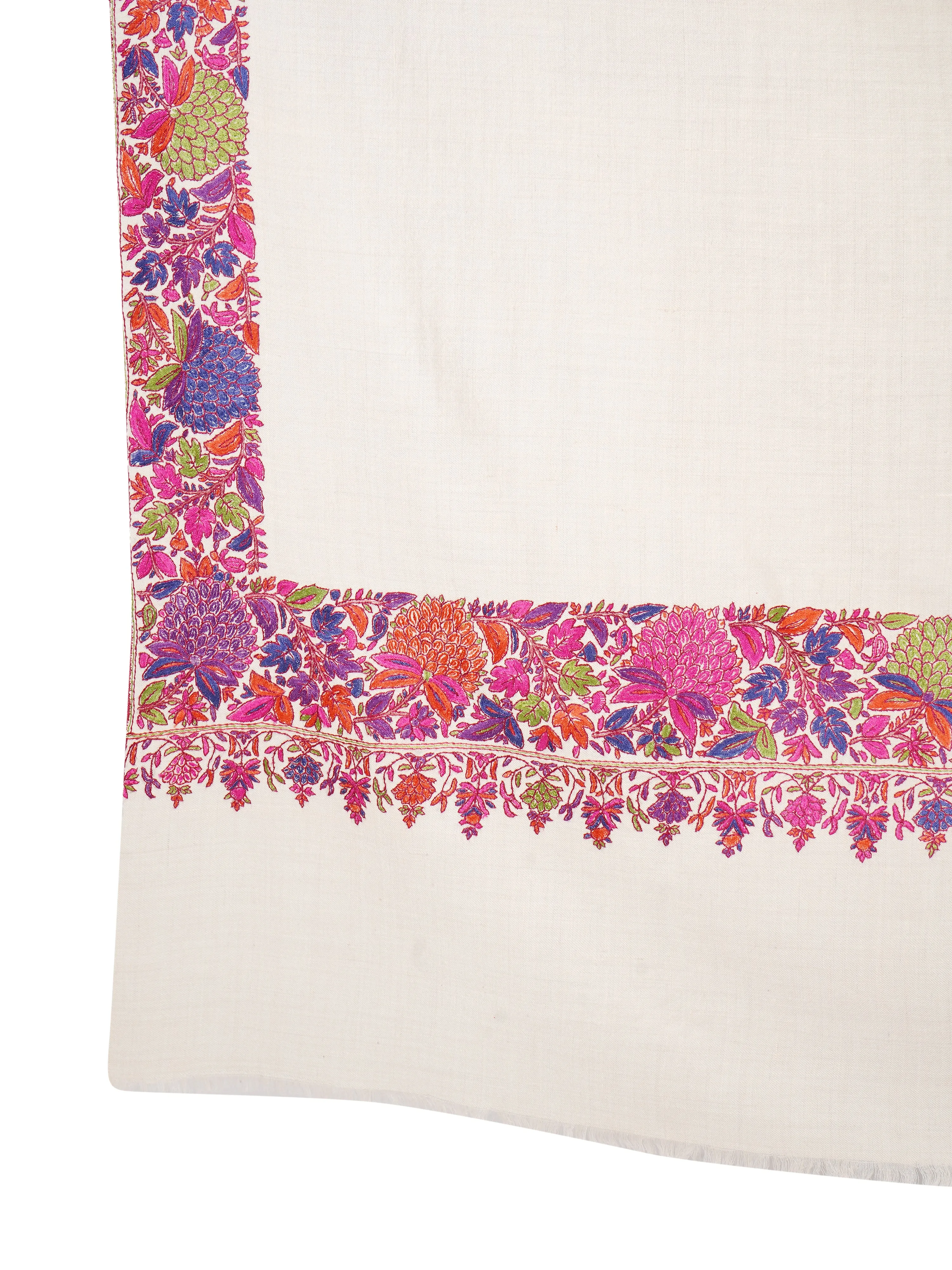 Handwoven White Pashmina Shawl with Elegant Border Embroidery