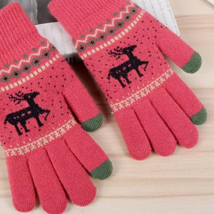 Jacquard Double Deer Dark Pink Knit Gloves