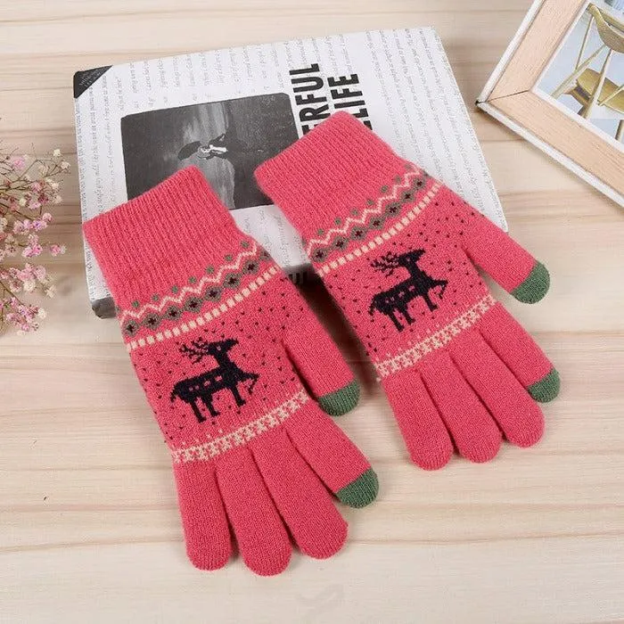 Jacquard Double Deer Dark Pink Knit Gloves