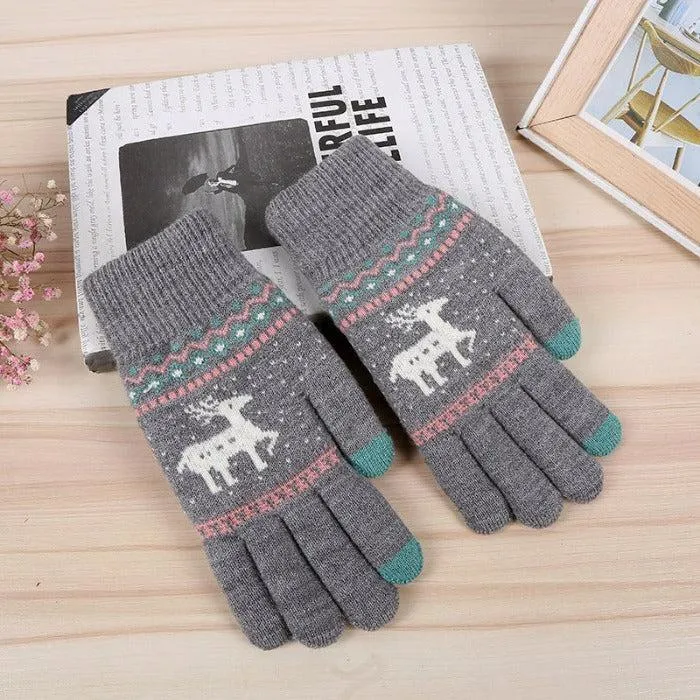 Jacquard Double Deer Gray Knit Gloves