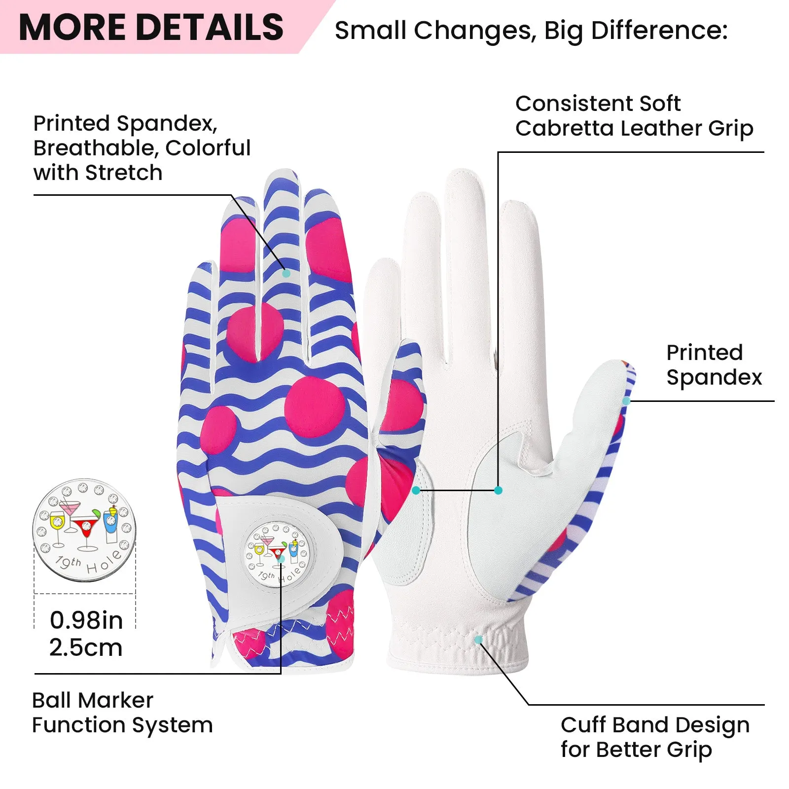 Ladies Golf Gloves Printed Dots Colored 2 Pack