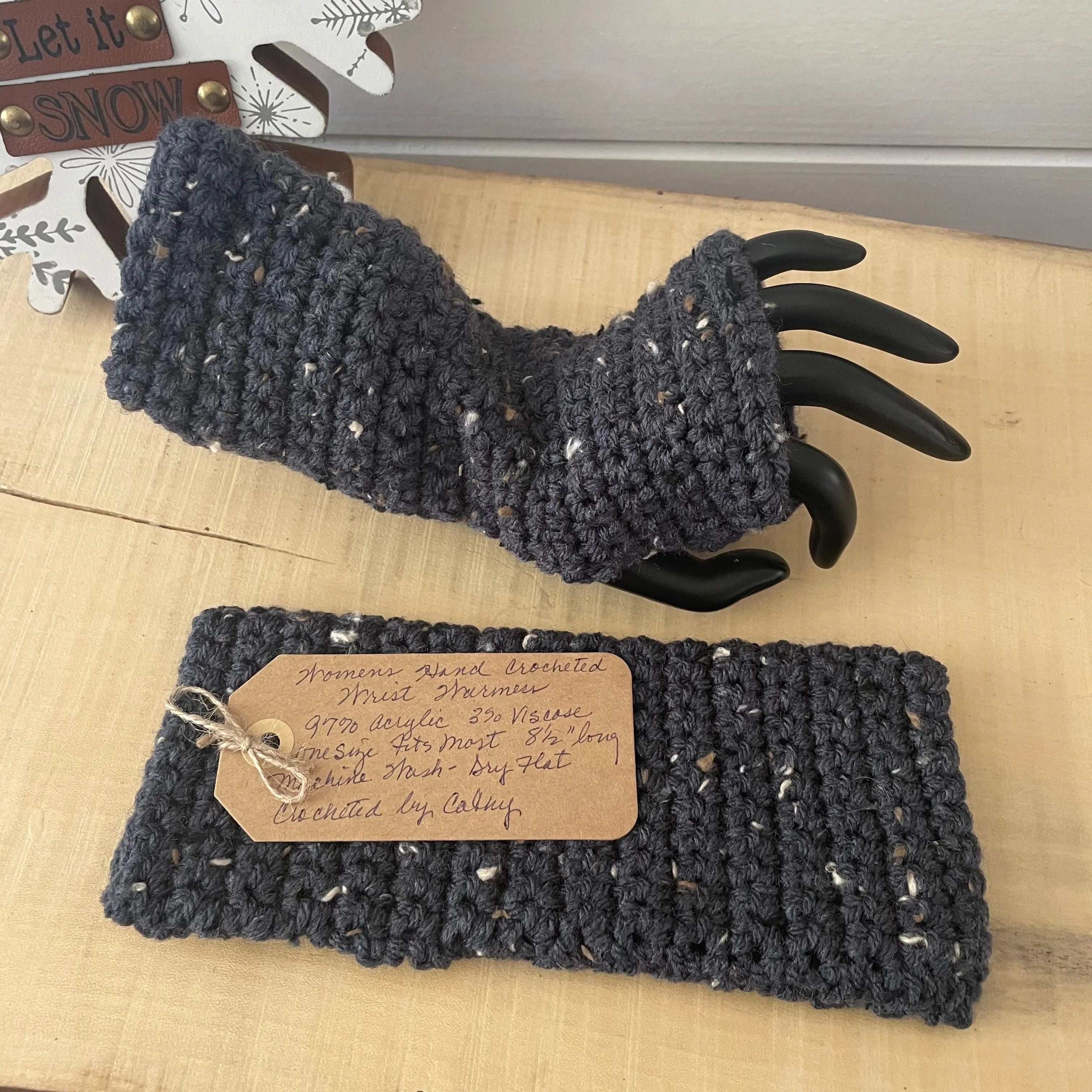 Navy Slate Speckled Tweed Texting Fingerless Gloves Crochet Knit Fall Winter Hiking Walking Wrist Warmers Outdoor Blue Gray Grey