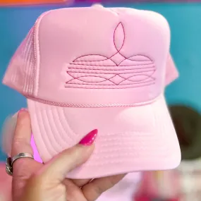 Online Exclusive | Fuchsia Pink Boot Stitch Foam Trucker Cap in Solid Baby Pink