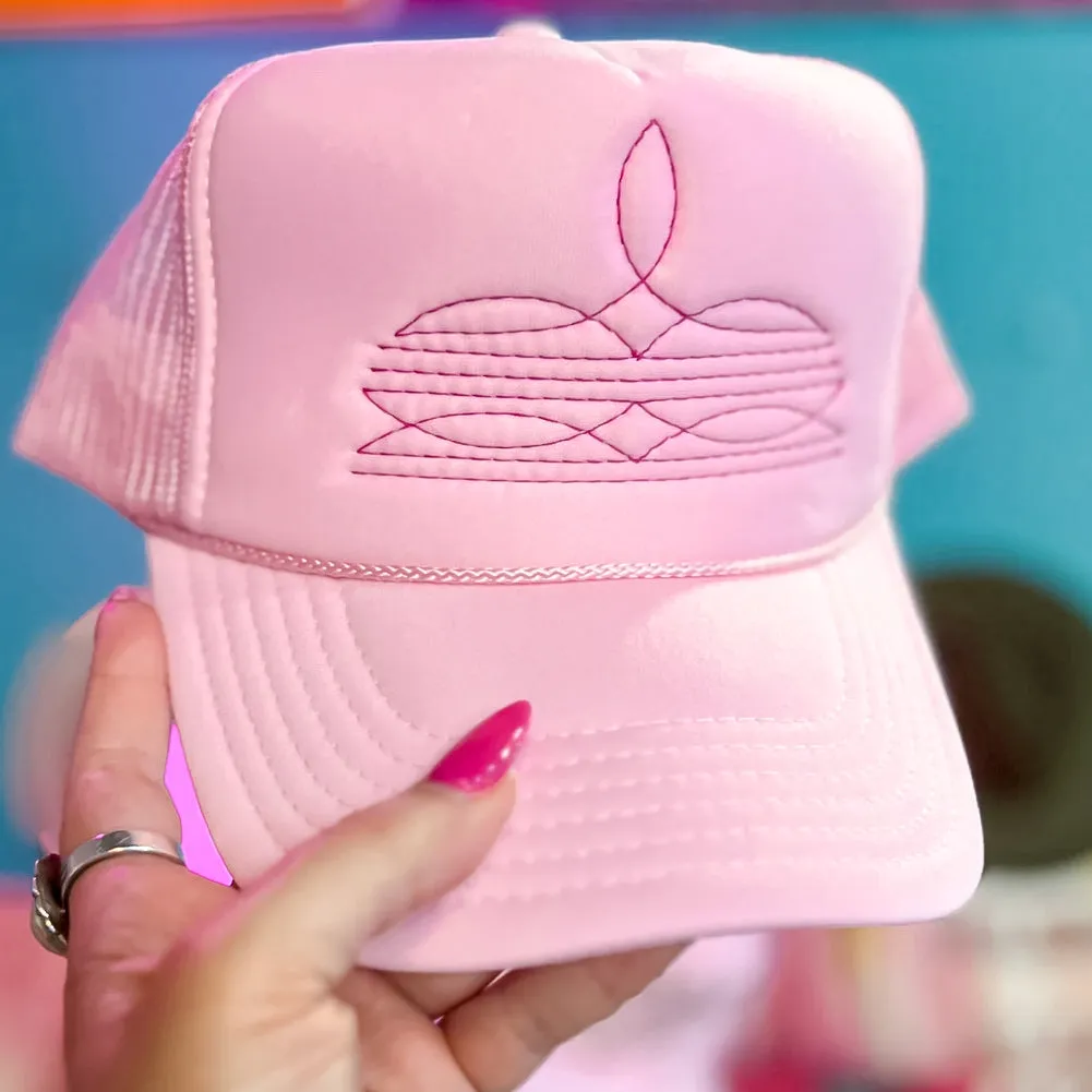 Online Exclusive | Fuchsia Pink Boot Stitch Foam Trucker Cap in Solid Baby Pink