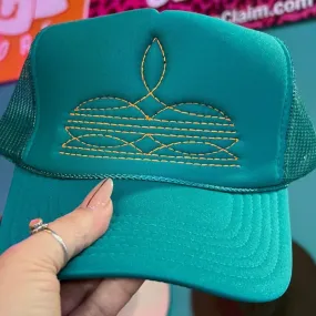 Online Exclusive | Neon Orange Boot Stitch Foam Trucker Cap in Solid Jade Blue