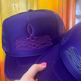 Online Exclusive | Neon Pink Boot Stitch Foam Trucker Cap in Purple