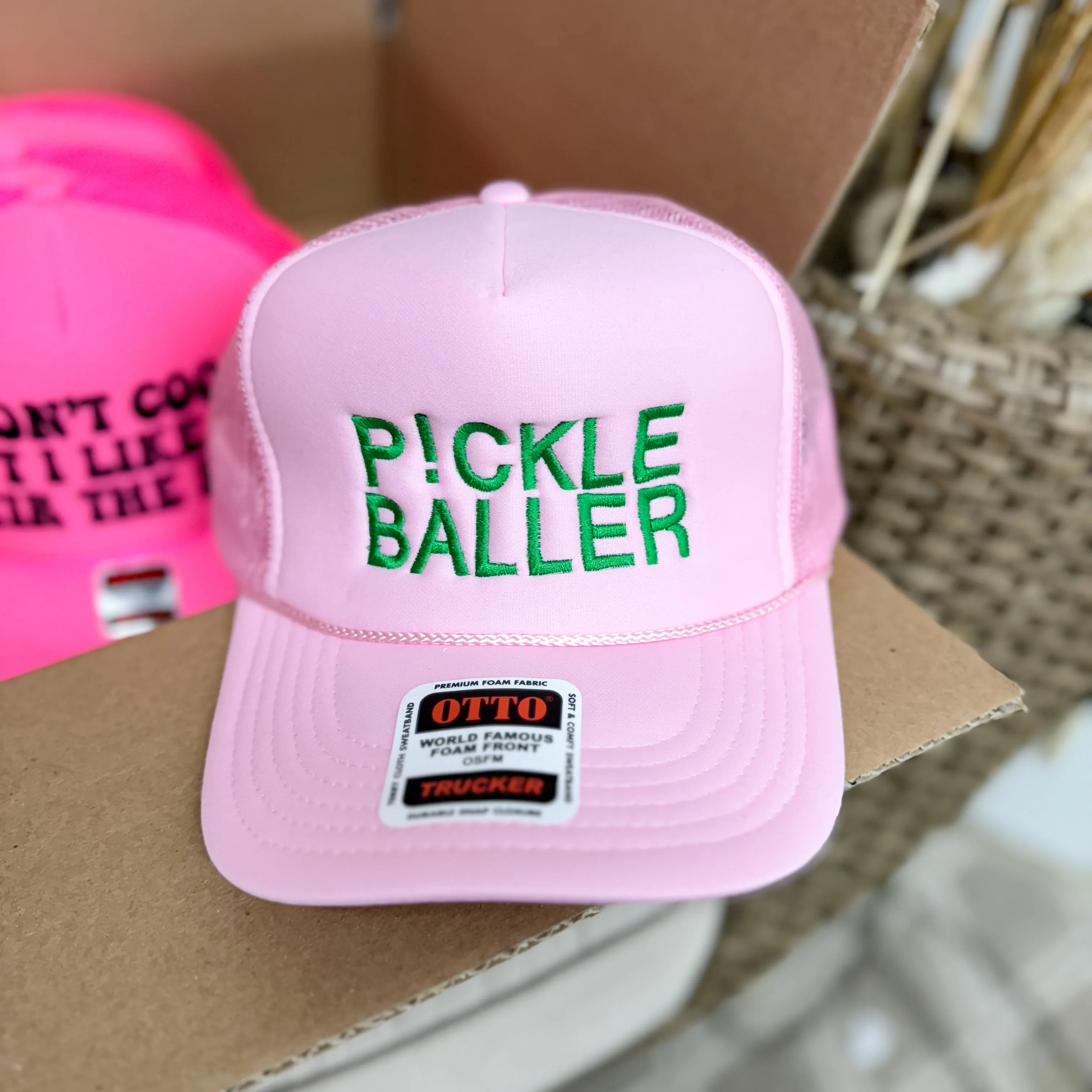 Pickleballer Stitched Foam Trucker Hat in Baby Pink