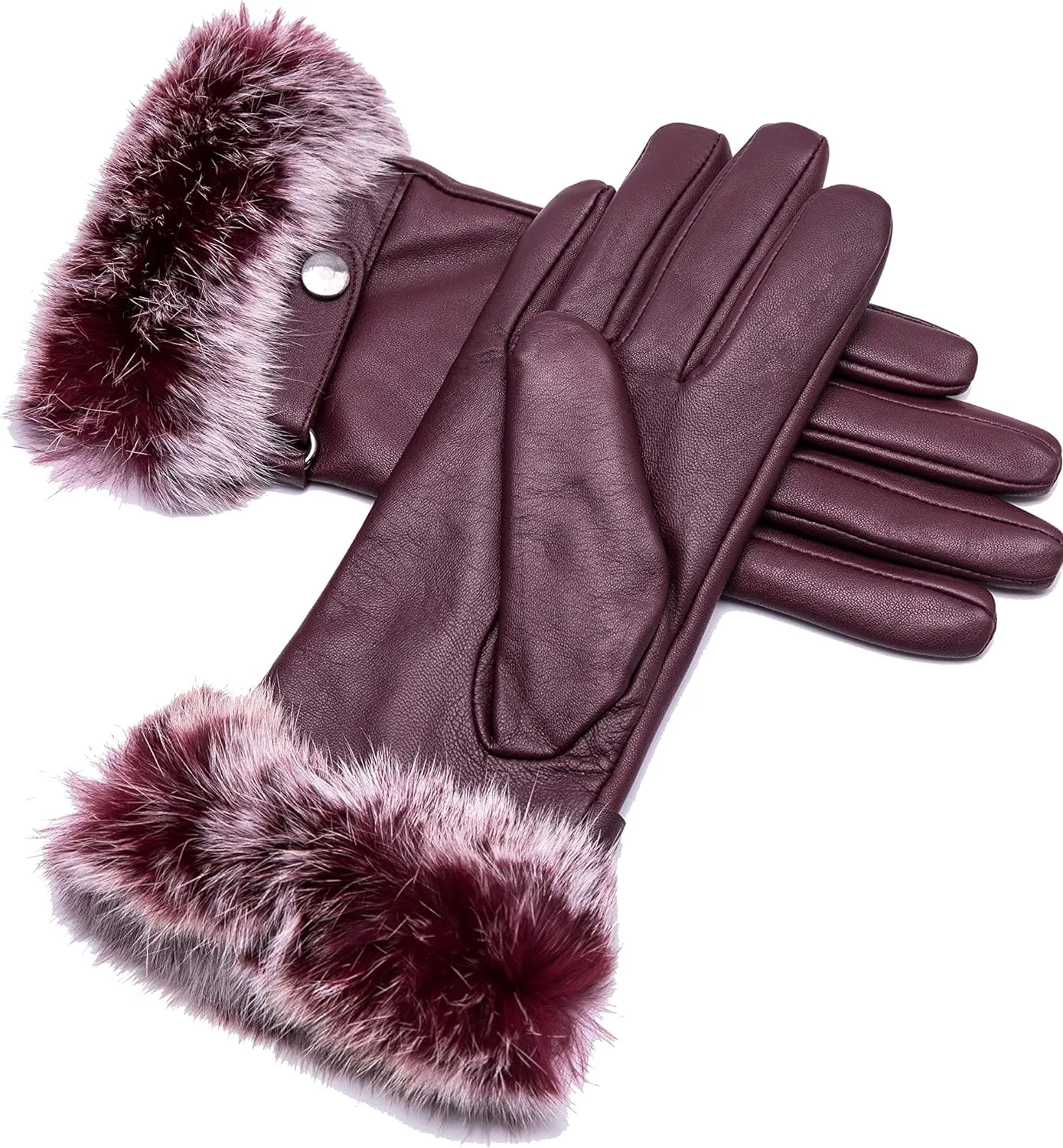 Real Leather Black Flat Winter Gloves w/Rabbit Fur Cuffs