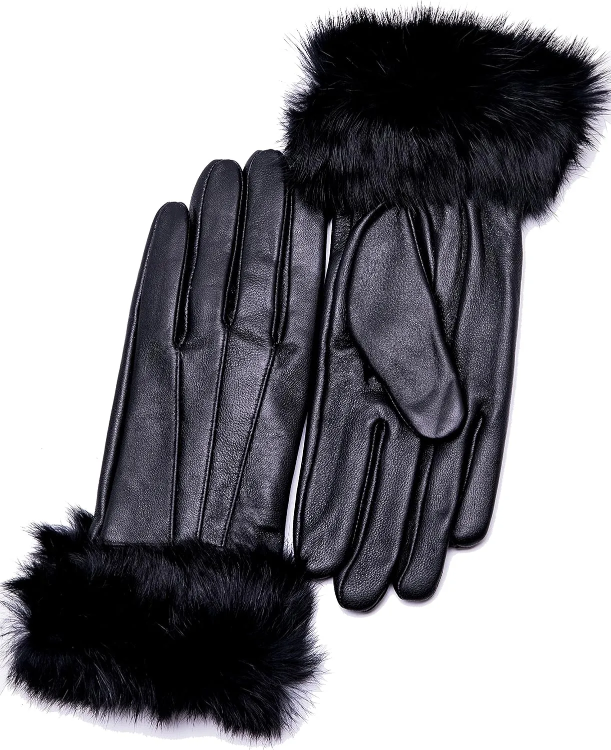 Real Leather Black Flat Winter Gloves w/Rabbit Fur Cuffs