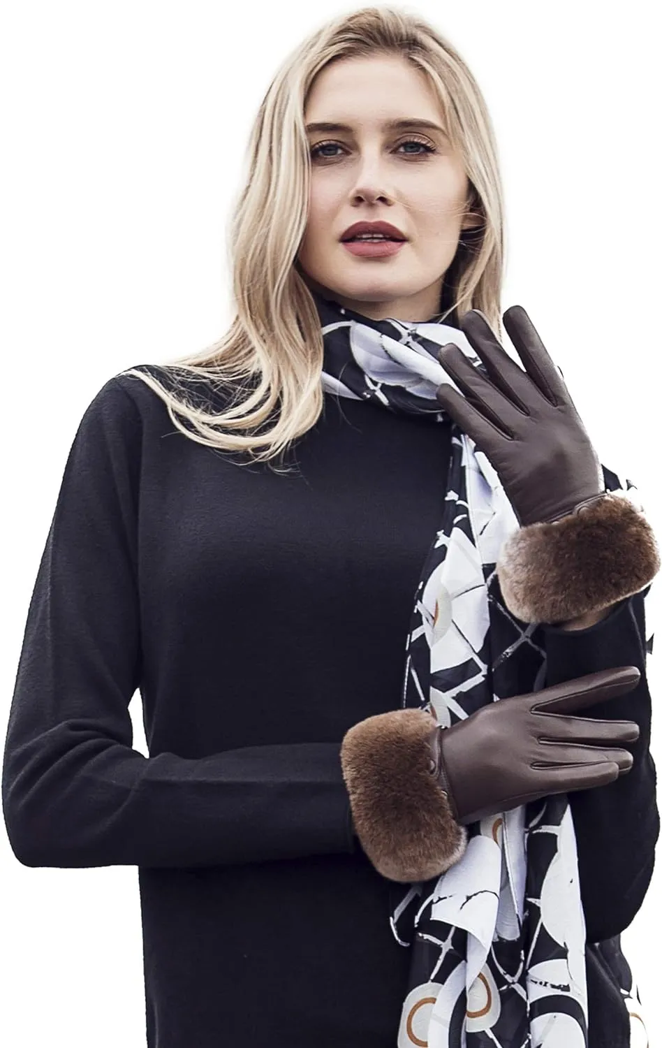 Real Leather Black Flat Winter Gloves w/Rabbit Fur Cuffs