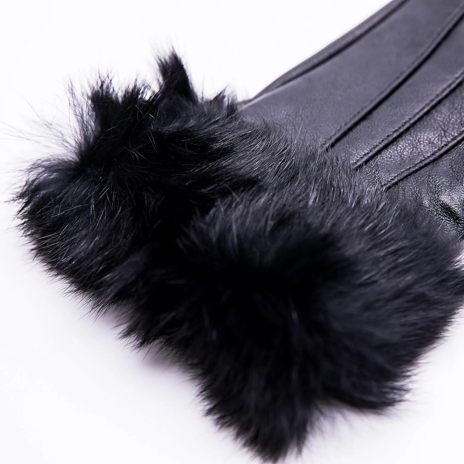 Real Leather Black Flat Winter Gloves w/Rabbit Fur Cuffs