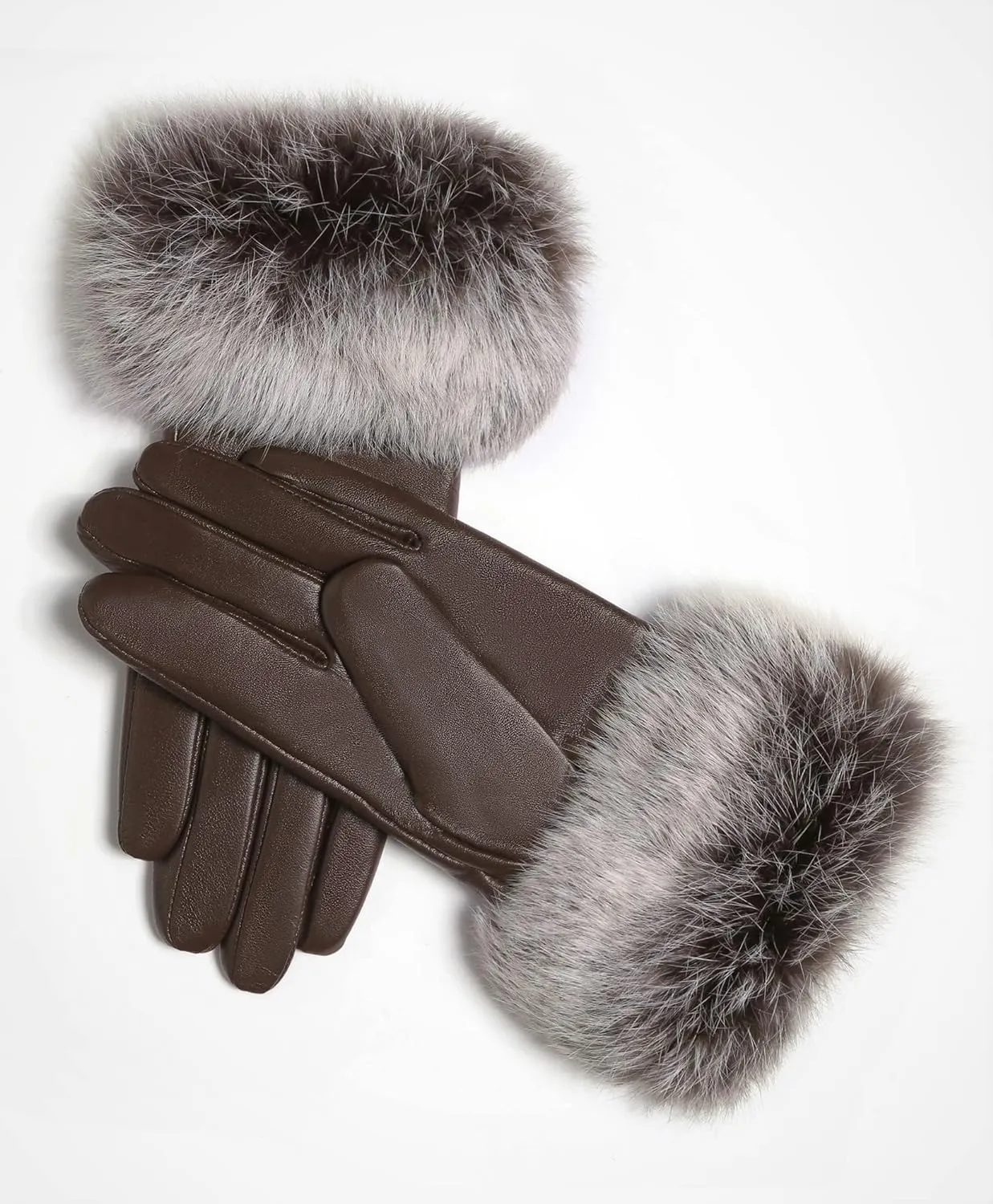 Real Leather Black Flat Winter Gloves w/Rabbit Fur Cuffs