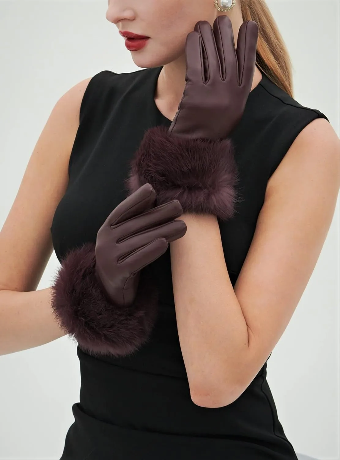 Real Leather Black Flat Winter Gloves w/Rabbit Fur Cuffs