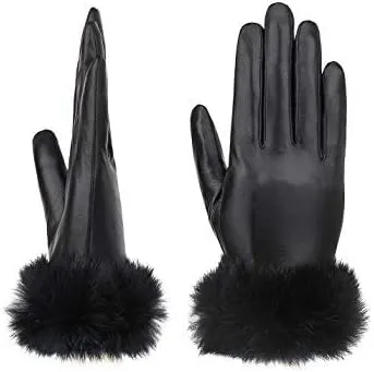 Real Leather Black Flat Winter Gloves w/Rabbit Fur Cuffs