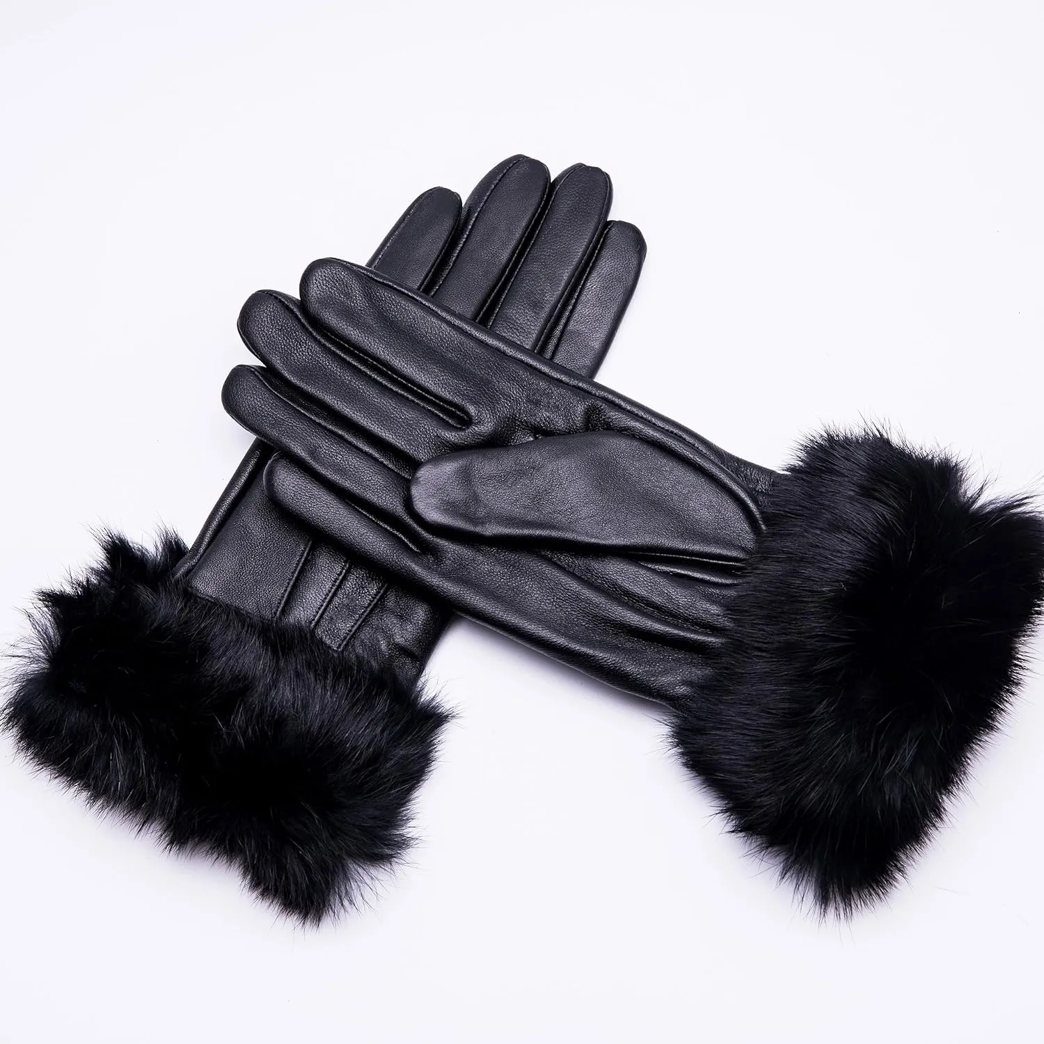 Real Leather Black Flat Winter Gloves w/Rabbit Fur Cuffs