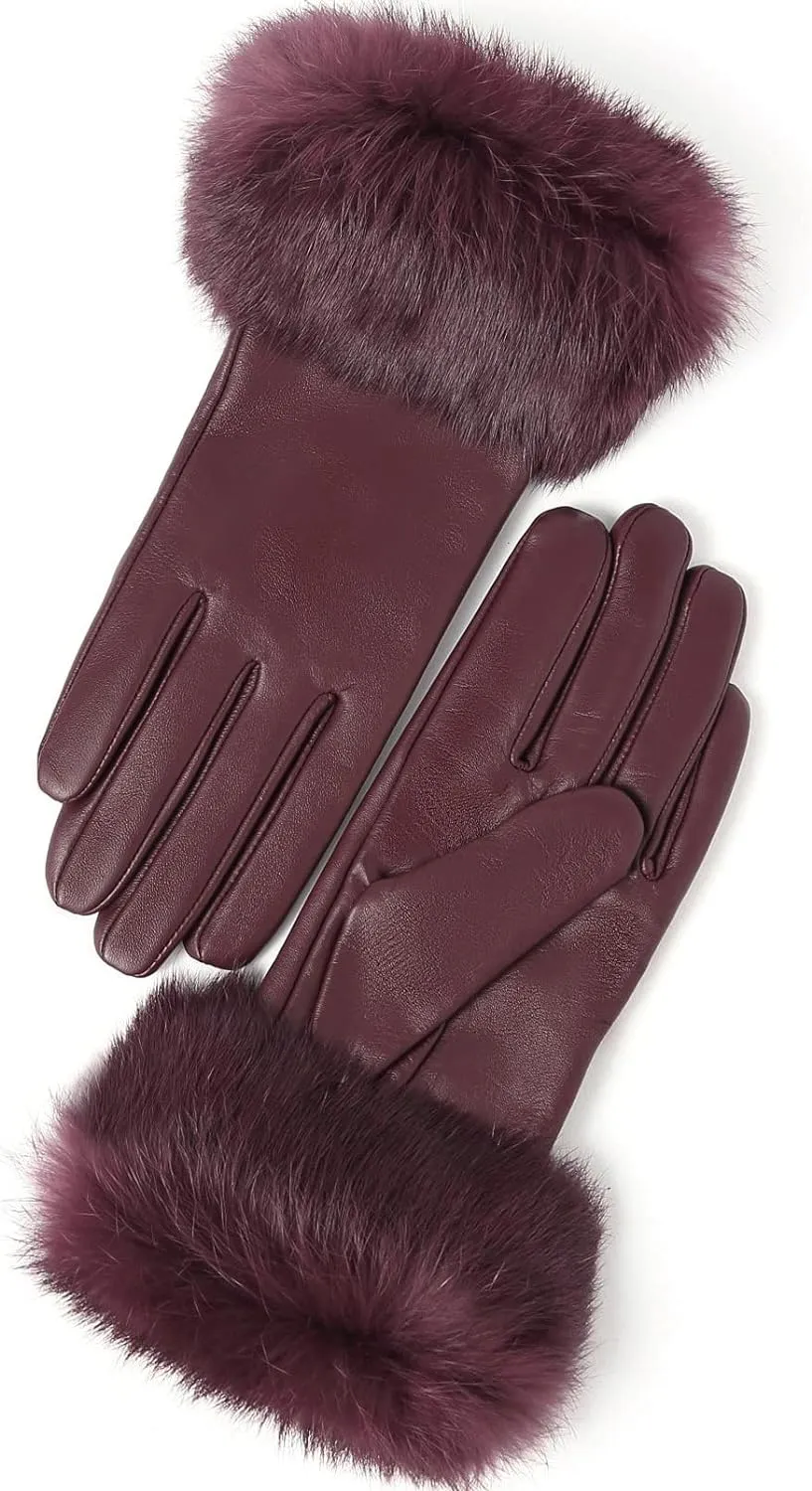 Real Leather Black Flat Winter Gloves w/Rabbit Fur Cuffs