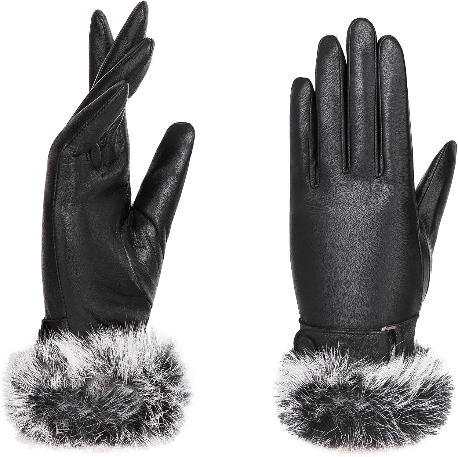 Real Leather Brown Flat Winter Gloves w/Rabbit Fur Cuffs