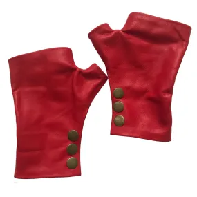 Red Fingerless Leather Gloves Stylish & Cozy Chic with Bronze Snaps