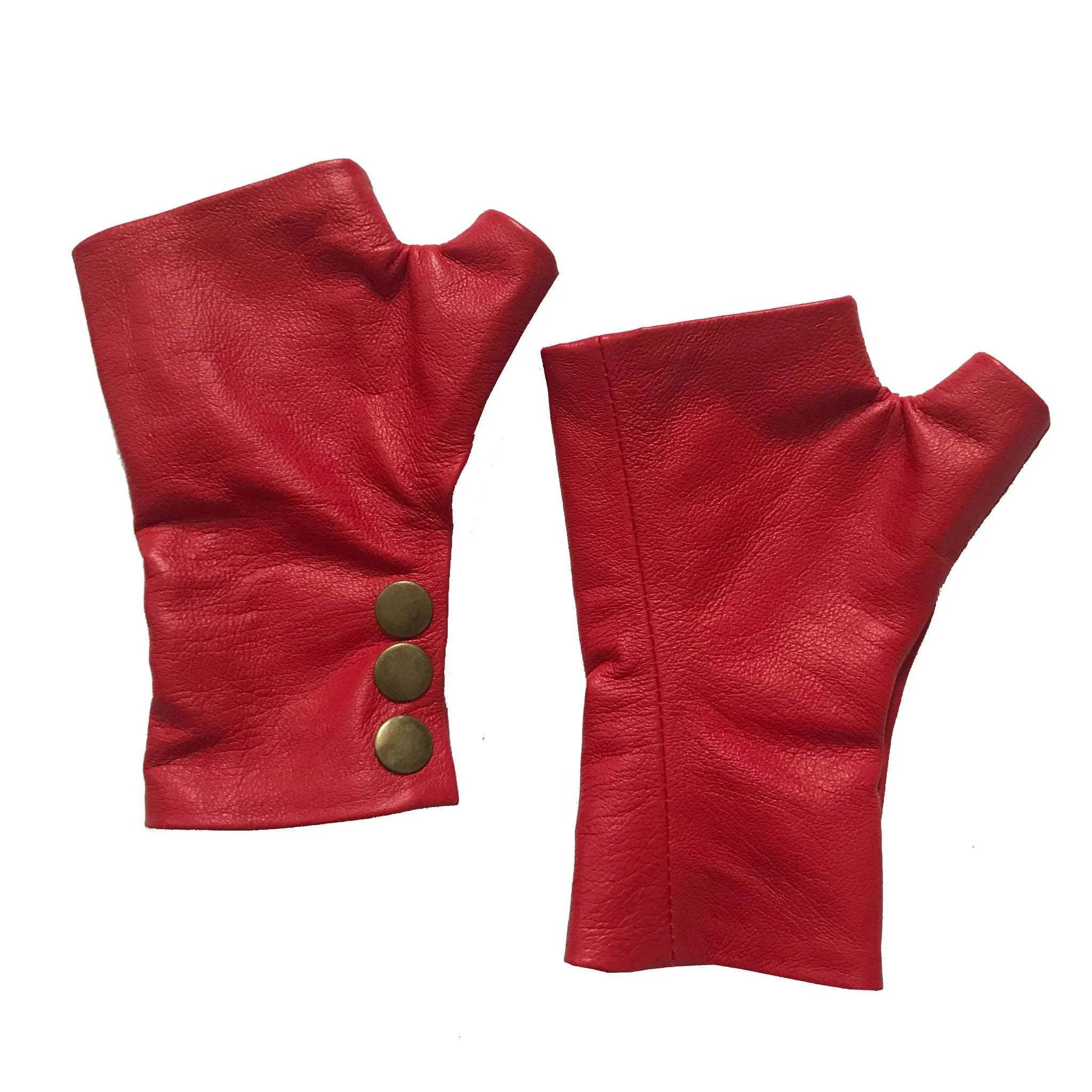 Red Fingerless Leather Gloves Stylish & Cozy Chic with Bronze Snaps