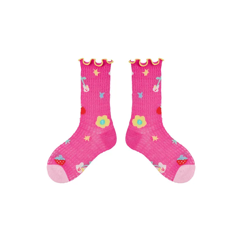 Sweetnana 4-Pack " Cheese Peach" Series Children's Seamless Socks: Cuff Crimping Crew Socks with Crimping and Dots Design, Thin Mesh Socks for Spring/Summer, Breathable,  Absorb sweat.