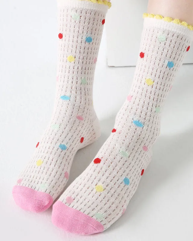 Sweetnana 4-Pack " Cheese Peach" Series Children's Seamless Socks: Cuff Crimping Crew Socks with Crimping and Dots Design, Thin Mesh Socks for Spring/Summer, Breathable,  Absorb sweat.