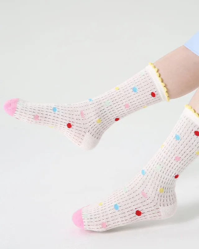 Sweetnana 4-Pack " Cheese Peach" Series Children's Seamless Socks: Cuff Crimping Crew Socks with Crimping and Dots Design, Thin Mesh Socks for Spring/Summer, Breathable,  Absorb sweat.