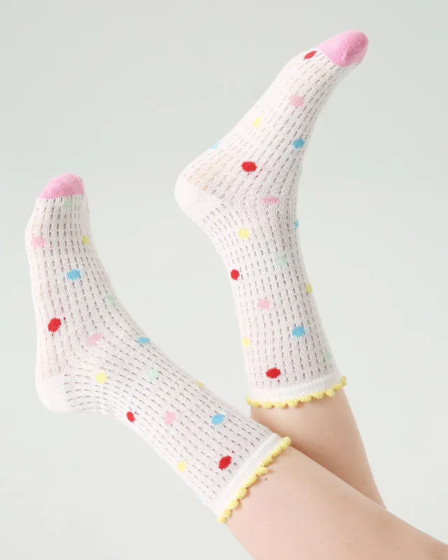 Sweetnana 4-Pack " Cheese Peach" Series Children's Seamless Socks: Cuff Crimping Crew Socks with Crimping and Dots Design, Thin Mesh Socks for Spring/Summer, Breathable,  Absorb sweat.