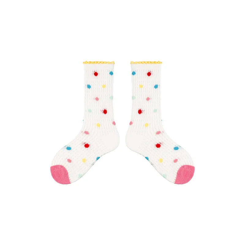 Sweetnana 4-Pack " Cheese Peach" Series Children's Seamless Socks: Cuff Crimping Crew Socks with Crimping and Dots Design, Thin Mesh Socks for Spring/Summer, Breathable,  Absorb sweat.