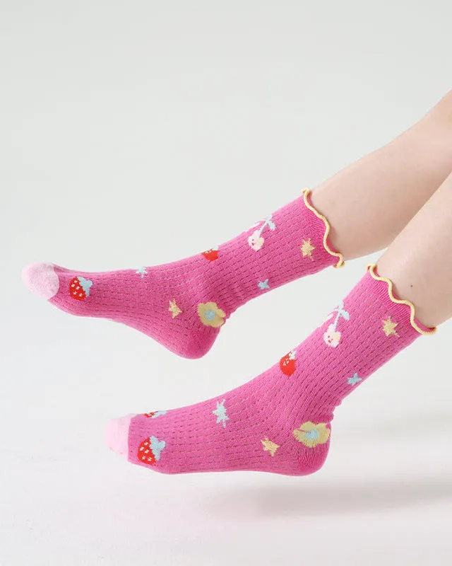 Sweetnana 4-Pack " Cheese Peach" Series Children's Seamless Socks: Cuff Crimping Crew Socks with Crimping and Dots Design, Thin Mesh Socks for Spring/Summer, Breathable,  Absorb sweat.