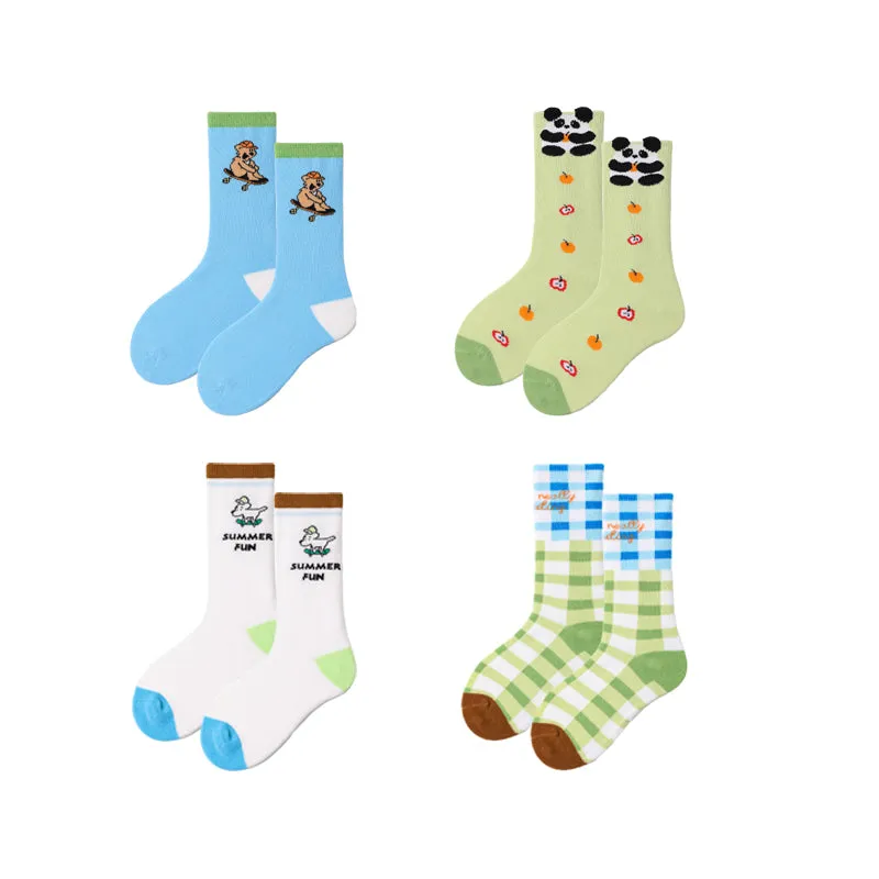 Sweetnana 4-Pack "Double Happy" Series Children's Seamless Socks: Kids Creative Fun Novelty Design Crew Socks for Spring/Summer Absorb-Sweat Cozy Socks.