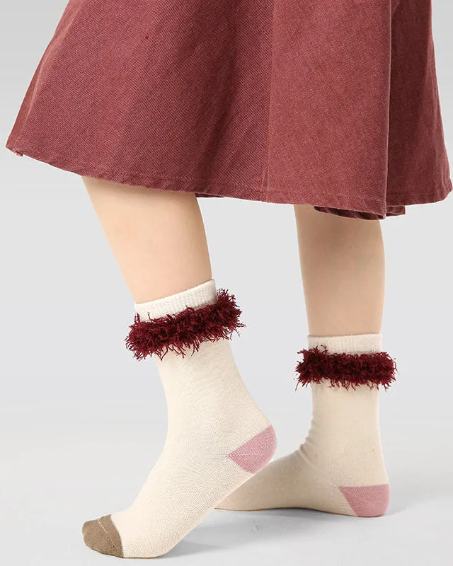 Sweetnana Children's Socks for Autumn and Winter, Princess Style, Furry Tassel Design, Crew Socks, Warm, Think, Trendy Socks.