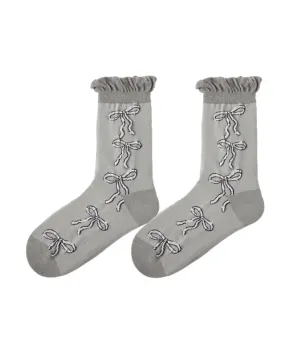 Sweetnana F/W Women's Cotton Socks with Bow Print Design, Frilly Ruffed Socks, Ladylike Cozy Crew Socks.