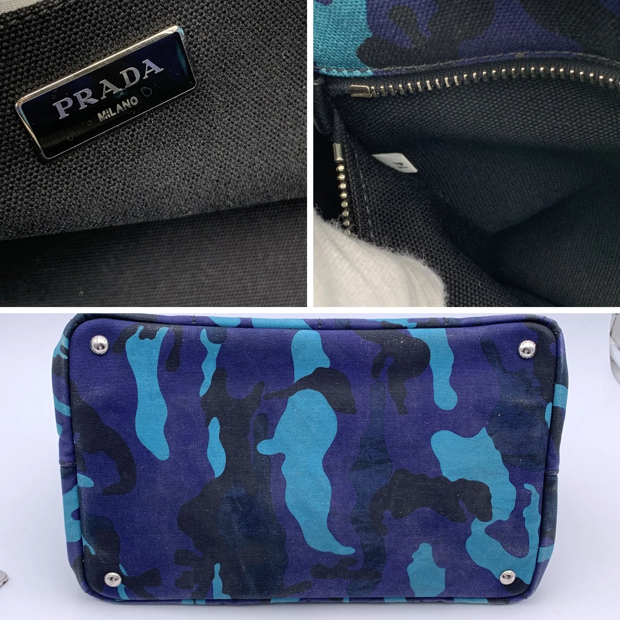 Trendy Inspired Prada Blue Camouflage Canvas Canapa Logo Tote Bag