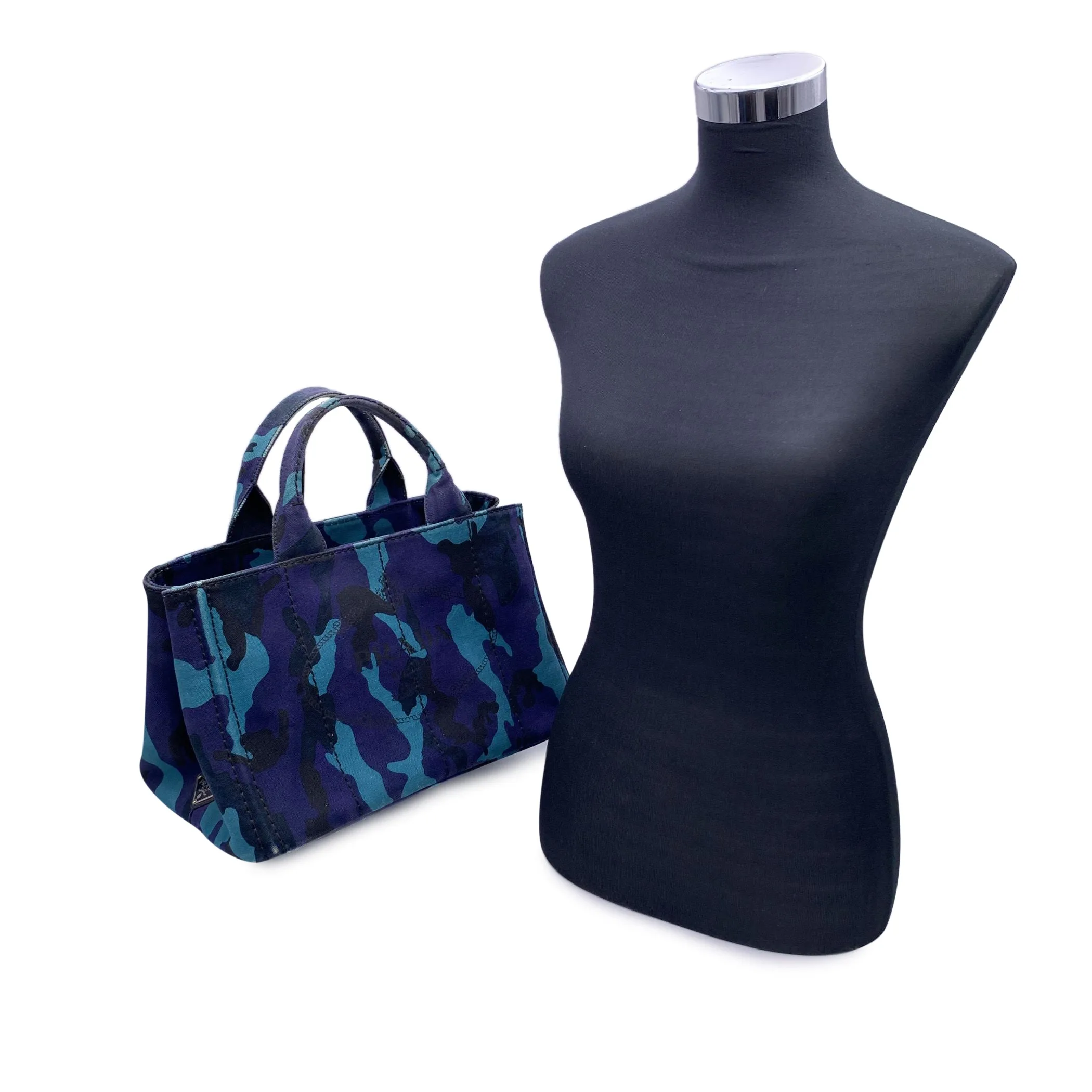 Trendy Inspired Prada Blue Camouflage Canvas Canapa Logo Tote Bag