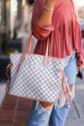 White Checkered Pattern Tote Bag