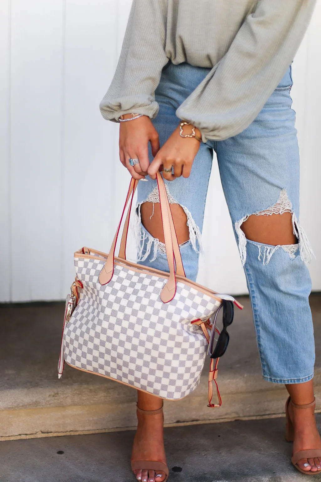 White Checkered Pattern Tote Bag