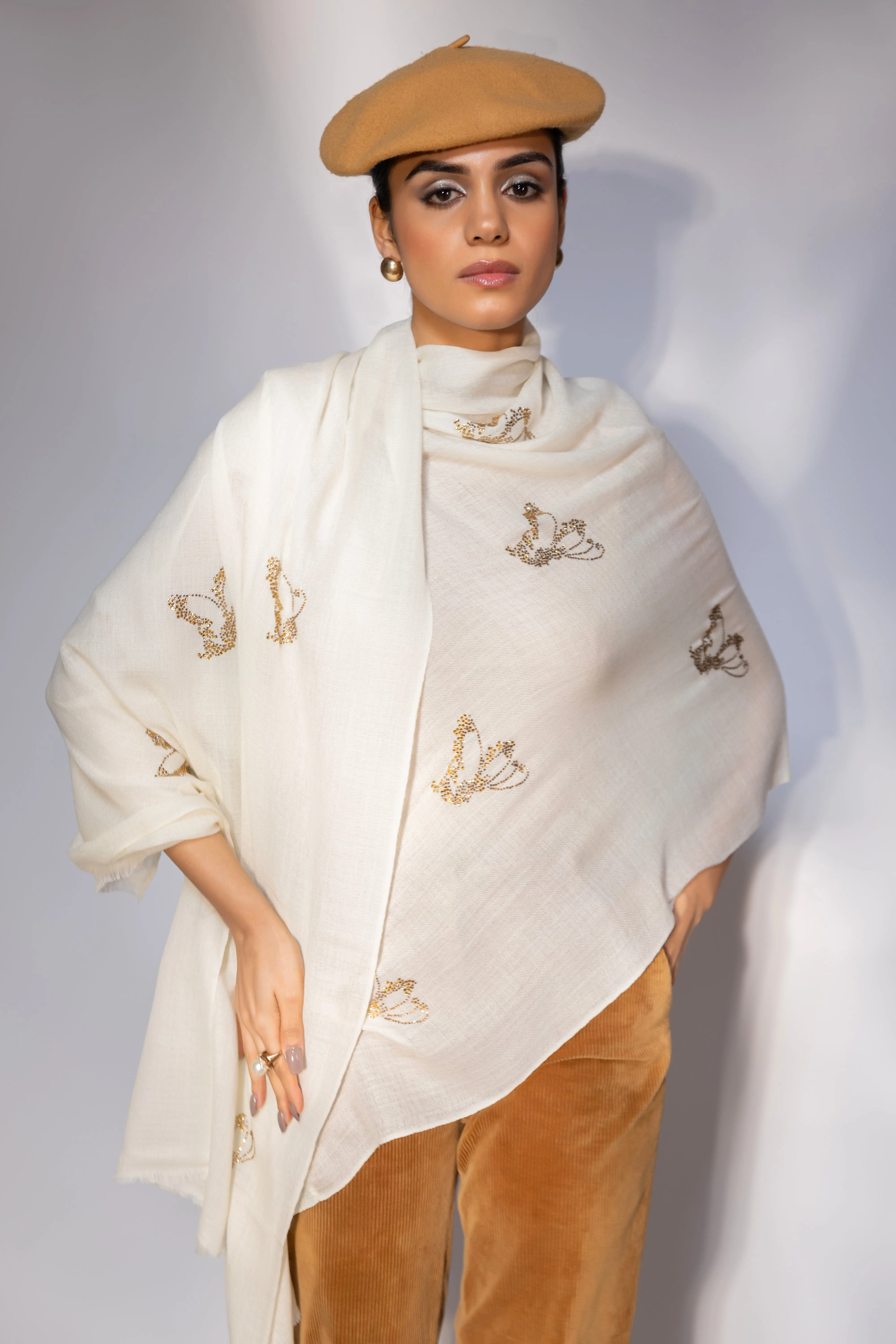 White Shawl with embellished Golden swarovski butterflies