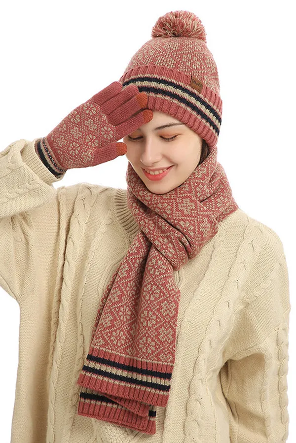 Winter Warm Knitted Hat Scarf Gloves Three-piece Set