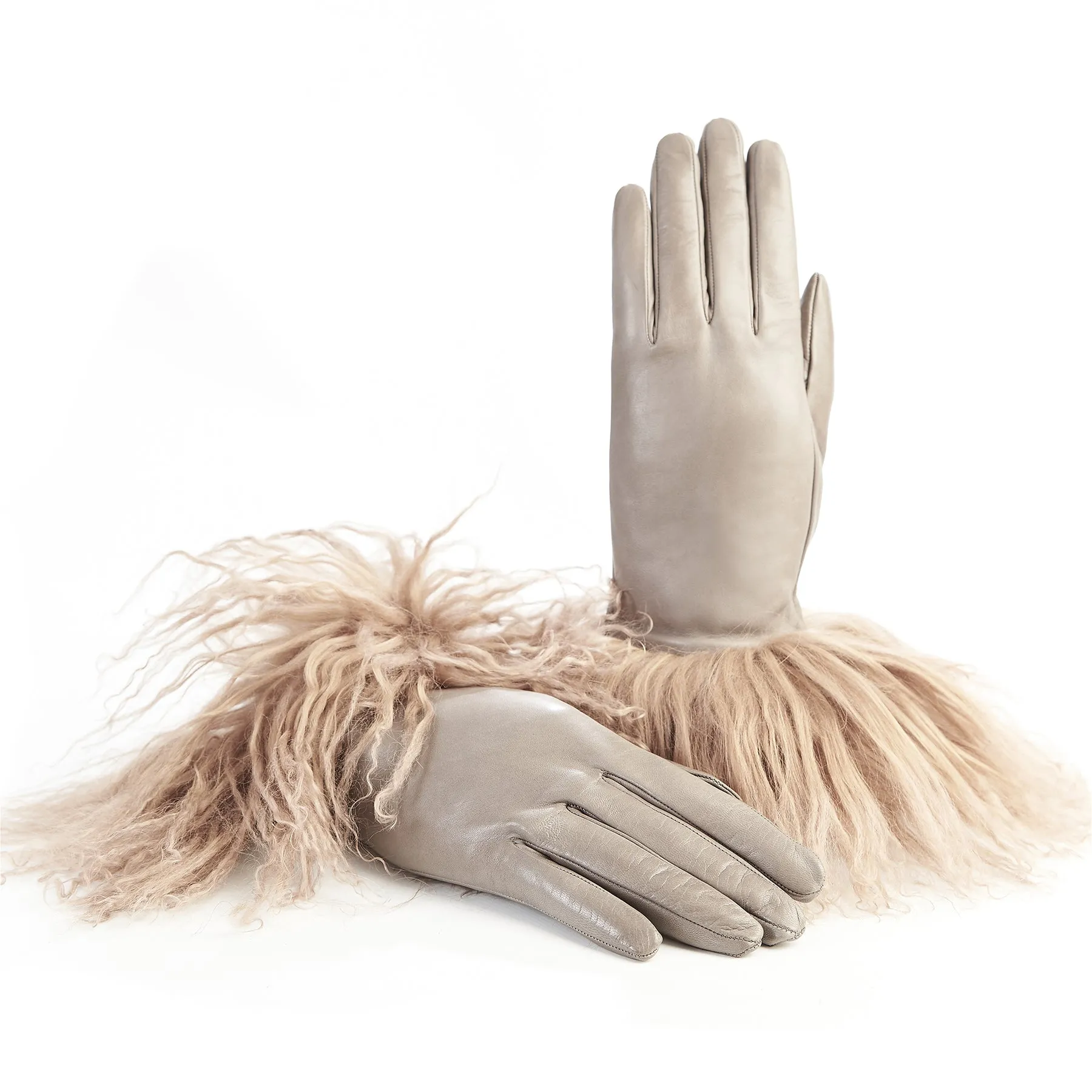 Women's gloves in taupe nappa leather with Mongolian fur