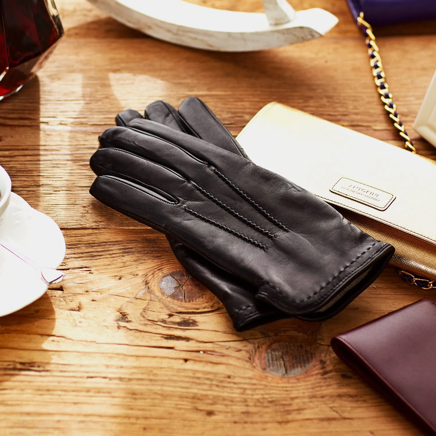 Wool Lined Women's Leather Gloves in Black